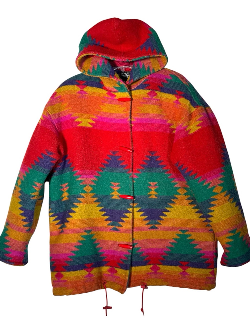 Vintage 80s Wool Blend Colorful Aztec Southwestern Hooded Toggle Coat Made USA